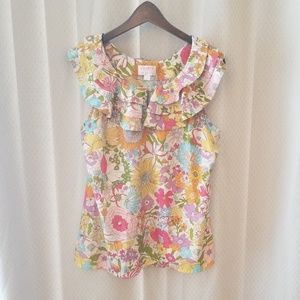 Floral ruffled boat neck blousse